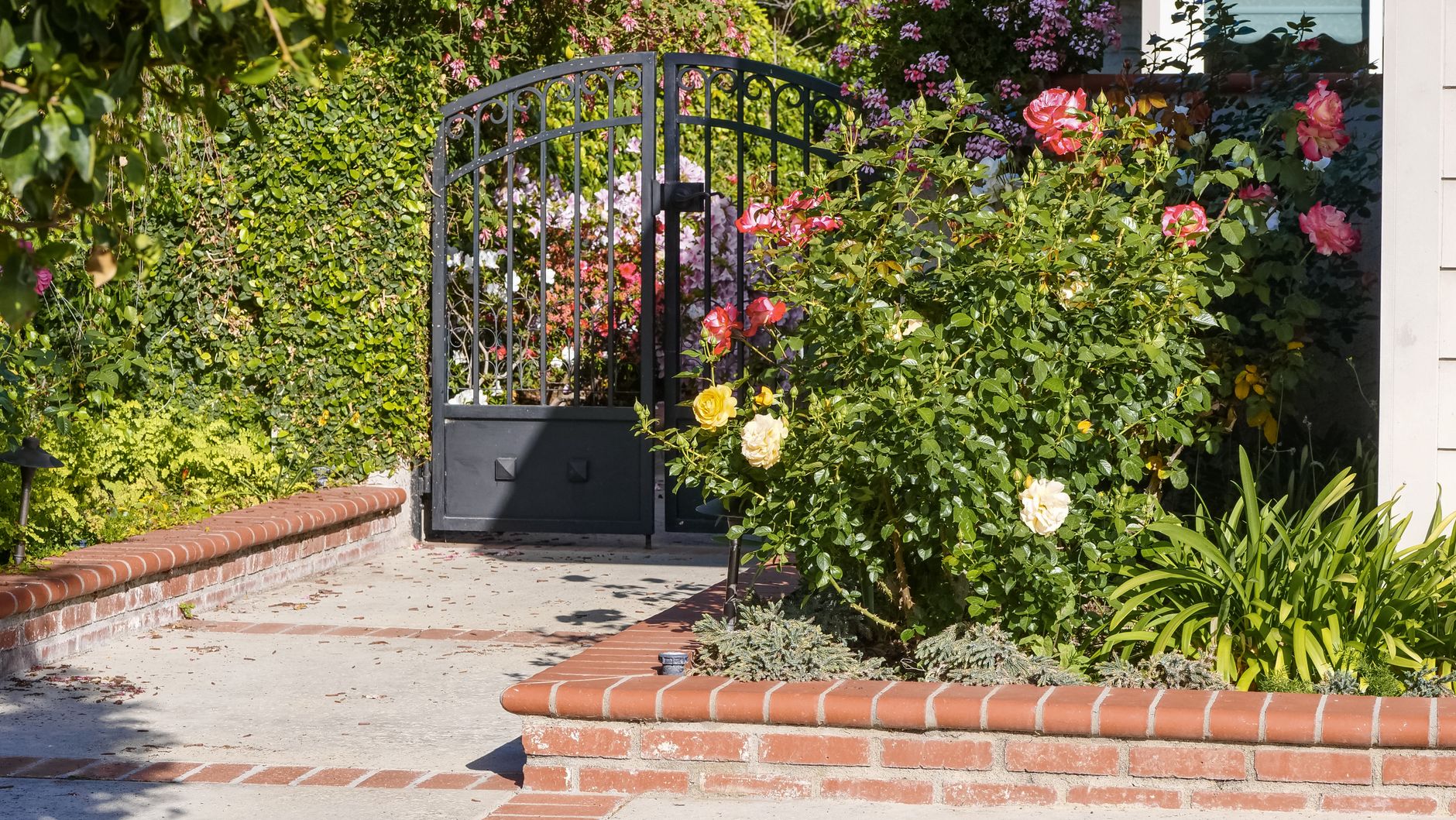 A delightful garden featuring vibrant roses and an elegant iron gate, perfect for residential appeal